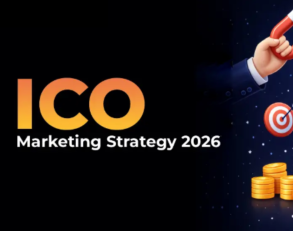 Graphic banner with the text “ICO Marketing Strategy 2026” in bold orange and white lettering on a dark background,